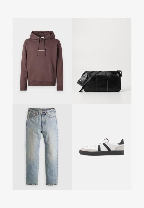 Brauner Pullover-Hoodie mit einer frontalen Kängurutasche, verstellbarem Zugband an der Kapuze und besticktem Text auf der Brust. Baumwollmischung.; Helle blaue Jeans mit hoher Taille, Frontknopf, Reißverschluss und fünf Taschen-Design, flach auf einem neutralen Hintergrund ausgelegt.; Weiße Sneaker mit schwarz- und grau-aczenten, ausgestattet mit einer strukturierten grauen Zehenkappe, schwarzer Gummi-Sohle und flachen weißen Schnürsenkeln. Sauberes Design, minimalistische Stil.; Schwarze Leder Schultertasche mit Reißverschluss, ausgestattet mit einer strukturierten Oberfläche, weißen Nähten und einem Tragegurt mit silbernen Ösen.