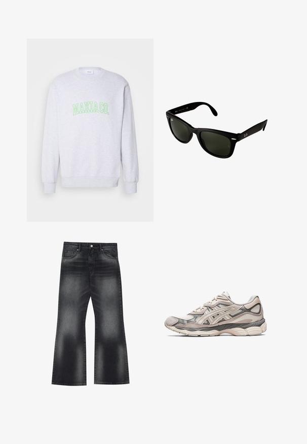 Šedá Mikina s kulatým výstřihem a dlouhými rukávy, s výrazným zeleným nápisem "MAKIA CO." přes hrudník. Měkká textilie.; Černé džínové zvonové kalhoty se zesvětleným omytem, pěti kapsami a kontrastním prošíváním, se mírně širokým zakončením nohavic.; Světlé šedé sportovní boty s vrchní částí z síťoviny a surové kůže. Vyznačují se polstrovanou podrážkou, výraznými překryvy a strukturovaným designem.; Černé plastové sluneční brýle s tmavě zelenými čočkami. Rám čtvercového tvaru s stříbrnými akcenty a vyraženým logem na spánkové straně.