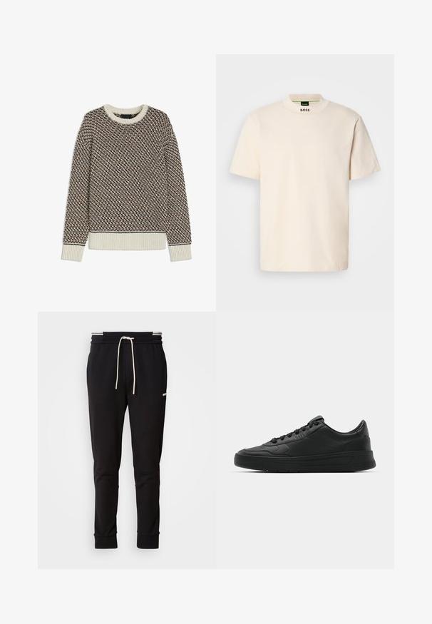 Textured sweater in brown, black, and cream. Crew neckline, ribbed cuffs and hem. Knitted pattern with contrasting color accents.; Cream-colored short-sleeve T-shirt with a high collar, featuring "BOSS" printed in black on the front neck and inside label.; Black slim-fit jogger pants with white drawstring, ribbed cuffs, and subtle logo on the upper thigh against a plain background.; Black sneaker with smooth leather upper, round toe, flat laces, cushioned collar, and minimalistic design. Rubber sole with subtle tread pattern.