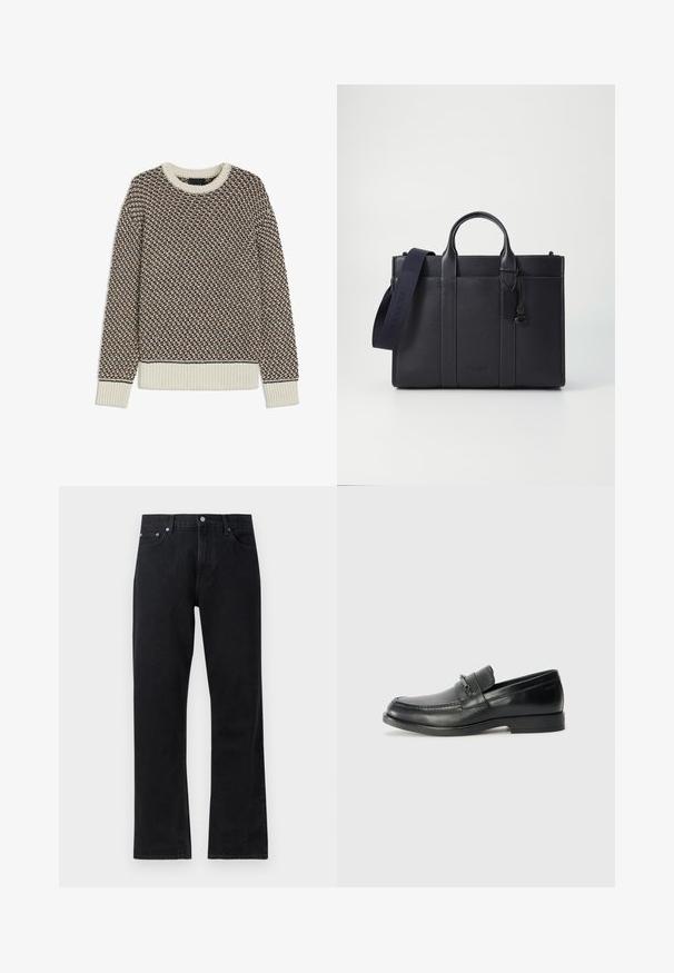 Suéter texturizado en marrón, negro y crema. Cuello redondo, puños y dobladillo acanalados. Patrón tejido con acentos de colores contrastantes.; Jeans de denim negro con un diseño de pierna recta, que presentan un cierre de botón, estilo de cinco bolsillos y detalles de costura sutiles.; Mocasines de cuero negro con punta redonda, que cuentan con un diseño cosido, una pequeña correa frontal con detalles de metal y una suela de goma plana.; Maletín de cuero negro marino con dos asas superiores y una correa desmontable. Presenta un acabado texturizado, costura vertical y detalle del logo.