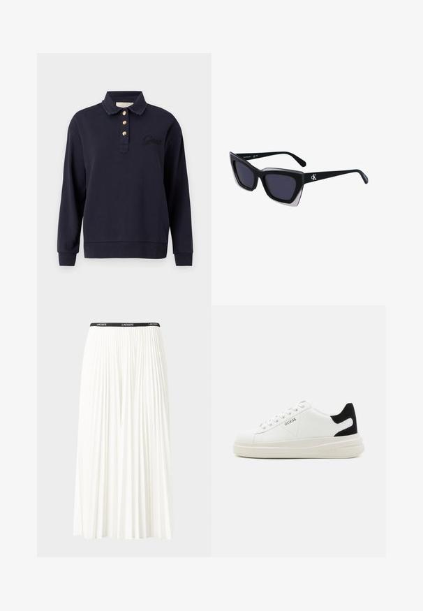Marineblå sweatshirt med polo krave, tre guldknapper og broderet mærkelogo. Lange ærmer med ribbede manchetter og kant. Blød tekstur.; Plisseret hvid nederdel med en sort elastisk talje, der har "LACOSTE"-logoet. Mellemlang design med blød tekstur.; Hvide lædersneakers med en tyk hvid sål, sort ruskindhælvægt og prægede logoer på siden. Snørebåndsdesign med seks øjer.; Store sorte oversized solbriller med geometrisk form, med mørke linser og en kontrasterende grå detalje på stellet. Logo på armen.
