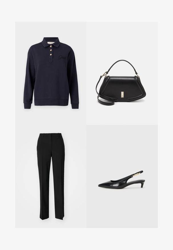 Sweatshirt bleu marine avec col polo, trois boutons dorés et logo de la marque brodé. Manches longues avec poignets et ourlet côtelés. Texture douce.; Pantalon noir ajusté avec une coupe droite, présentant une texture lisse et des plis nets sur le devant. Aucune quincaillerie visible.; Talons hauts en cuir noir avec un bout pointu, dotés d'un talon fin et d'un accent en ton or sur la lanière réglable. Texture lisse.; Sac à main en cuir noir avec un design structuré, featuring une forme cropped, une poignée supérieure et des accents en matériel doré. Bandoulière réglable incluse.