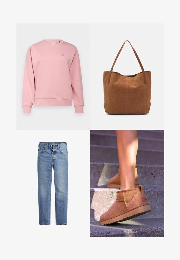 GANT SHIELD C NECK - Ikdienas džemperis - dusty pink; Gaiši zila džinsu bikses ar taisnu griezumu, piecu kabatu dizainu un poga aizdari. Iespējamas nelielas izbalēšanas un apelsīnu diegu akcenti.; Dzeltenbrūnas zamšādas potīšu zābaciņi ar mīkstu tekstūru, izšūtu apdari un gumijas zoli, kas aprīkoti ar cilpu uz papēža ērtai uzvilkšanai.; Brūns zamša tote somas ar divām garām rokturiem, ar gludu tekstūru, vienkāršu dizainu un bez redzamām aparatūrām vai akcentiem.