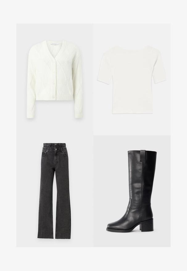 Gehaakte witte cardigan met een V-hals, knoopsluiting en een gestructureerd ruitpatroon. Verkorte lengte met ribboorden aan de mouwen en onderkant.; Witte ribben top met korte mouwen en een brede hals. De textuur heeft verticale strepen, die een snug fit en eenvoudig ontwerp benadrukken.; Zwarte high-waisted jeans hebben een rechte pijpdesign, subtiele versleten details en metalen knoophardware in de taille.; Zwarte leren kniehoge laarzen met een gladde textuur, vierkante neus, blokhak en zijhandvat, met minimale stikseldetails.