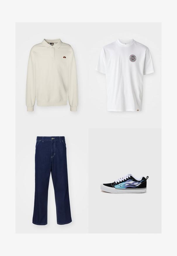 Krēmkrāsas garām piedurknēm polo krekls ar riņķveida apkakli un piedurknēm, kuram ir neliels, daudzkrāsains logotips kreisajā krūtī. Mīksta, teksturēta auduma.; Balta kokvilnas t-krekls ar apaļu logotipu uz krūtīm. Klaša izgriezums, īsas piedurknes, brīvi pieguļošs siluets, papildināts ar sarkaniem un melniem akcentiem.; Tumši zili džinsi ar taisna kāju dizainu, ar gaišiem šuvju elementiem un priekšējo pogu aizdari. Gluda tekstūra.; Melni zamšādas sporta apavi ar baltu gumijas zoli. Iezīmējas ar duļķainu zilu un purpursarkanu liesmu dizainu. Baltās auklas un aizmugures cilpa ērtai uzvilkšanai.