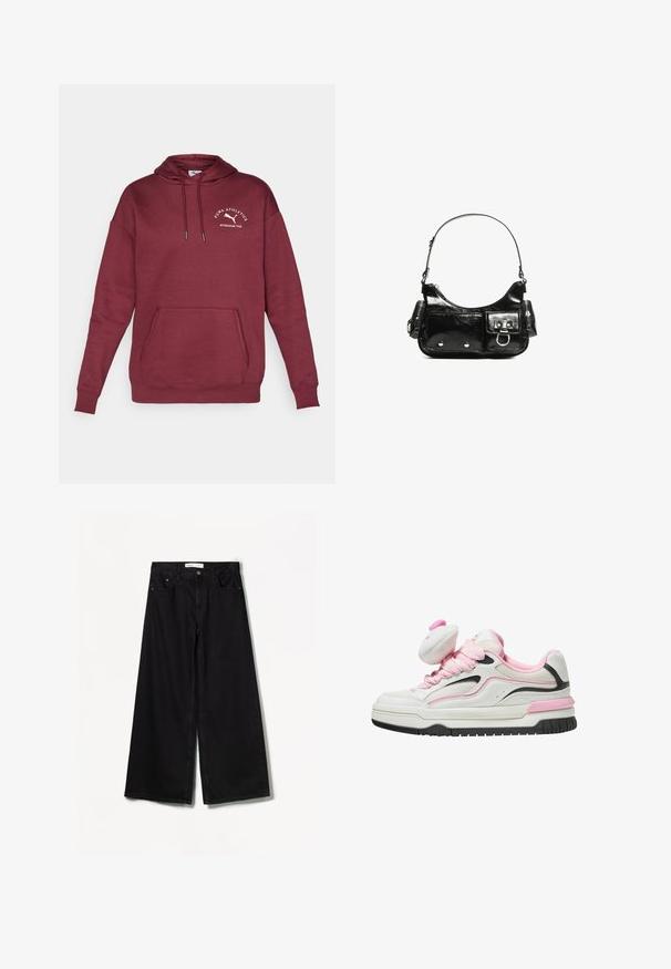 Burgundy huppari, joka on valmistettu puuvillasekoitteesta. Siinä on kengurutasku, kiristettävä huppu ja brodeerattu logo rinnassa. Saumoiltaan sileä pinta.; Bershka WIDE-LEG - Leveälahkeiset - black; Valkoiset ja vaaleanpunaiset tennarit, joissa on verkko-osa, pehmustettu kieli ja mustat yksityiskohdat. Paksu kumipohja, jossa on tekstuuripinta pidon parantamiseksi.; Mustekko mustasta kiiltonahasta valmistettu käsilaukku, jossa on kaareva muoto, yksi olkahihna, etutaskut ja hopeanväriset yksityiskohdat.