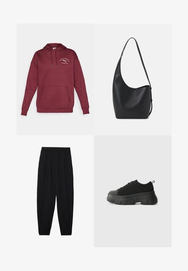Maroon hoodie made of cotton blend, featuring a kangaroo pocket, drawstring hood, and embroidered logo on the chest. Smooth texture.; Black, lightweight pants with an elastic waistband and gathered ankles. The fabric is smooth and features a relaxed, tapered design.; Black sneakers with a chunky rubber sole, textured fabric upper, round toe, and lace-up design. Features reinforced eyelets and back pull tab.; Black leather hobo bag with a smooth texture, curved shape, and single adjustable strap; features a wide opening at the top.