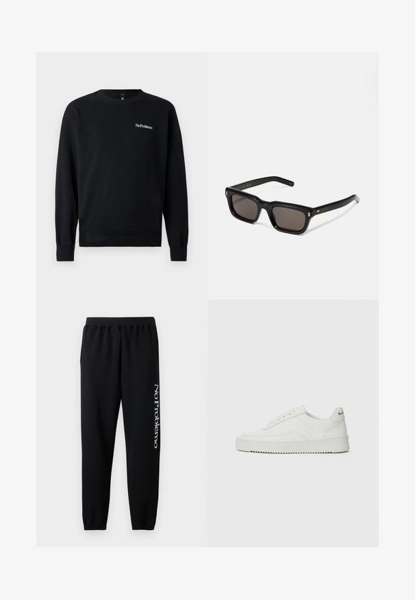 Fekete pulóver, puha anyagból készült, kerek nyakkivágású, hosszú ujjú, bordás mandzsettákkal rendelkezik, és a mellkason fehér "NoProblemo" feliratos logó található.; Fekete melegítőnadrág, elasztikus derékkal, szűkülő bokákkal és a bal lábszáron fehér "No Problemo" felirattal. Puha pamut anyag.; Fehér bőr sportcipő sima felülettel, kerek orral, lapos fűzőkkel és texturált talppal. Finom logó található a sarokon.; Fekete téglalap alakú napszemüveg sötét lencsékkel, vastag műanyag keret, arany díszítések a szárakon, és a márka logója gravírozva a szára.