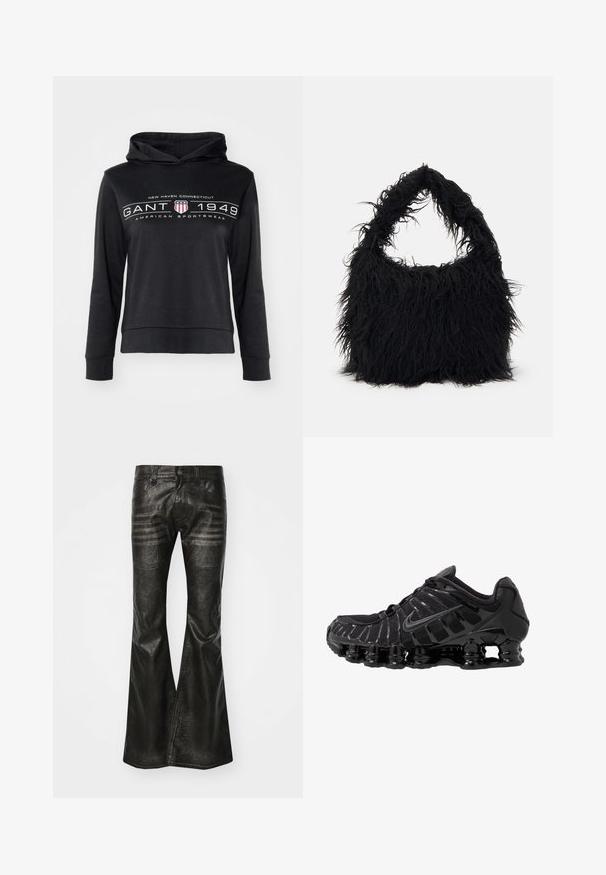 Fekete kapucnis pulóver elülső kenguruzsebből. A "NEW HAVEN CONNECTICUT GANT 1949 AMERICAN SPORTSWEAR" felirat és egy pajzs dizájn található rajta.; Fekete bőr, harangszárú nadrág elülső zsebekkel, látható varrással és fényes felülettel. Részletes hajtások és finom kopásminták az anyagon.; Fekete sportcipő hálós felsőrésszel és fényes részletekkel. Ívelt rugózó párnázással és texturált vonalakkal rendelkezik az oldalán. Nike logó látható.; Even&Odd Bevásárlótáska - black