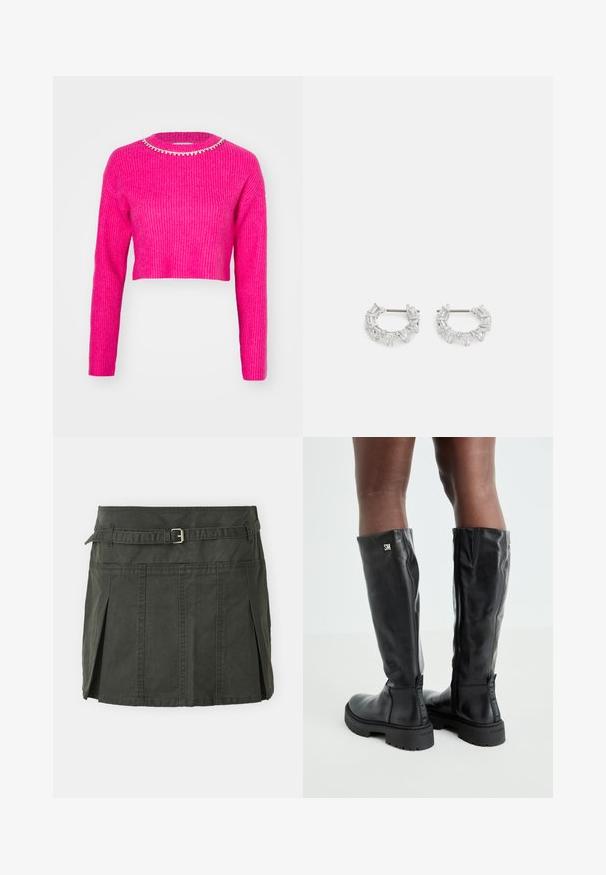 Fuksia värvi lühikeste varrukatega ribakootud kampsun, millel on pikkade varrukatega ja ümar kaelus, kaunistatud särava pärlitest kaeluse detailiga.; Tume roheline puuvillane mini-seelik, mis on kätkestatud vöökoht, vöö ja esipleatiga. Omab õmblusdetailsusi ja klassikalist lõiget.; Mustad põlvikõrgused mustad nahast saapad, millel on sile tekstuur, ümar varvas, paks põhi ja tõmblukk. Küljel on hõbedane logo.; Hõbedased rõngakõrvarõngad, millel on selged, ristkülikukujulised ja kolmnurkse kujuga kristallid, mis on paigutatud mustriga disaini. Kõrvarõngaid kinnitavad postid, et tagada kindel kinnitamine.