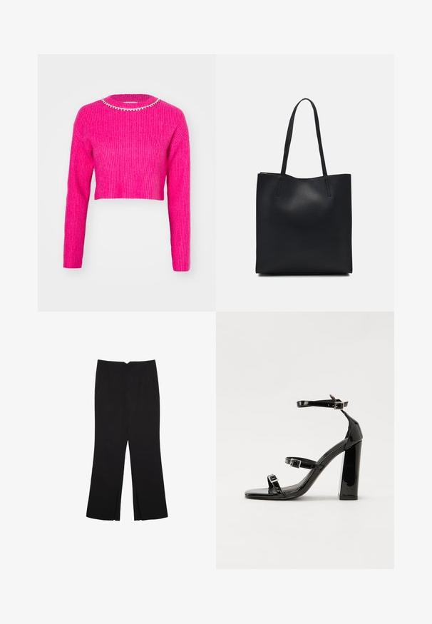 Fuchsia kort sweater i ribbad stickning, med långa ärmar och en rund halsringning prydd med ett glittrande pärlkrage.; Svarta byxor med rak passform, utrustade med framfickor och sidoklyvningar vid fållen. Tillverkade av mjukt, slätt tyg. Lämpliga för olika tillfällen.; Svarta lackerade klacksandaler med fyrkantig tå, ankelremmar och silverfärgade spännen. Har en kraftig blockklack för stabilitet.; Svart lädertoffelväska med slät textur, rektangulär form och två långa handtag. Ingen synlig hårdvara eller dekorationer.