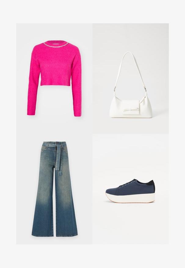 Fuchsia cropped trui van ribbelstof, met lange mouwen en een ronde halslijn versierd met een sprankelende kraaldetail.; Wijduitlopende denim broek met een lichte naar donkere blauwe gradient, hoge taille, riemlussen en een bijpassende stoffen riem. Gestructureerde denimafwerking.; Marineblauwe sneaker met een textuurstof bovenwerk, witte platformzool, ronde neus en zwart hakaccent. Voorzien van zes gaatjes voor veters.; Witte synthetische handtas met een driehoekige vorm, platte voorklep en strikdetail, verstelbare schouderriem, gladde textuur en minimalistisch ontwerp.