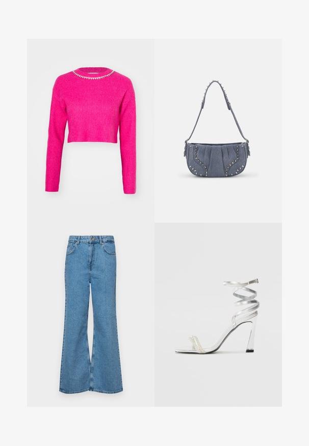 Pulover scurt fuchsia din tricot ribbed, cu mâneci lungi și un guler rotund decorat cu un detaliu de guler cu mărgele strălucitoare.; Jeanși evazați de culoare albastru deschis, din denim, cu talie înaltă, cinci buzunare și închidere cu un singur buton. Textură moale cu un finisaj decolorat.; Sandale argintii cu toc înalt, cu un design strălucitor al baretei, având un accent asemănător unei perle și o curea spiralată pentru prindere sigură.; Geantă de umăr din denim cu un design plisat, culoare albastră, accente cu bolțuri argintii pe margini și o curea texturată.