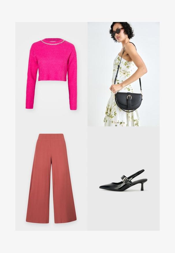 Fuchsia verkürzter Pullover aus Rippstrick, mit langen Ärmeln und einem runden Ausschnitt, verziert mit einem funkelnden, mit Perlen besetzten Kragen.; Hose mit weitem Bein in Rostfarbe, aus strukturiertem Stoff mit vertikaler Rippung gefertigt. Verfügt über einen hohen, elastischen Bund.; Schwarze Lackleder Slingback-Absätze mit spitzem Zeh und kleinem Blockabsatz, ausgestattet mit einem silbernen Schnallenakzent am Riemen.; Schwarze Lederhandtasche mit geschwungener Form, abnehmbarem Tragegurt und goldenen Beschlägen. Die Tasche verfügt über einen Deckel mit einer Schnallen-Details.