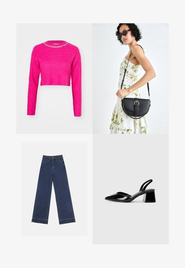 Fuksia kortermet genser i ribbestrikk med lange ermer og rund hals, dekorert med en glitrende perlekant.; Videbenede dressbukser i mørkeblå denim. Har fem lommer, beltestropper og en rå kant i bunden med synlige stikninger.; Svarte patentlær slingback hæler med spiss tå og geometrisk blokk hæl. Har et stilrent, minimalistisk design og jevn tekstur.; Svart lærveske med en buet form, avtagbar stropp og gullbeslag. Vesken har et klaff med spenne-detall.