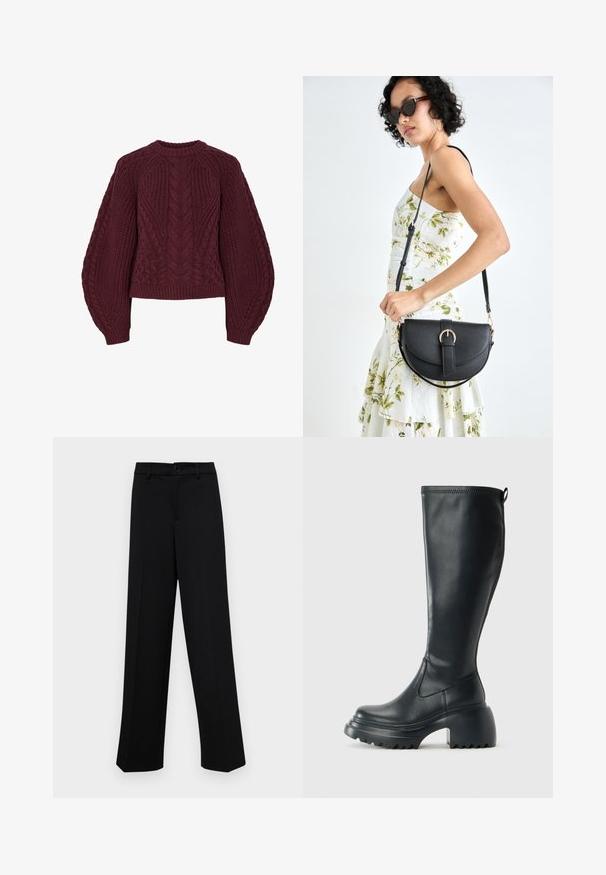 Burgundijas adīts džempers ar teksturētām kabelīšu rakstām, apaļu kaklu un pūkām piedurknēm. Ribotas aproces un apakša izceļ dizainu.; Melnas platajās bikses, kas izgatavotas no gludas auduma, ar klasisku jostu un pogu aizdari, kā arī priekšējām kroku detalizācijām.; Augstas melnas ādas zābakus ar masīvu platformu un bloka papēdi, ar vilkšanas cilpu un strukturētu profilu uz ārējā zoles.; Melnas ādas rokassoma ar izliekta formu, noņemamu siksnu un zelta aksesuāriem. Somai ir vāciņš ar sprādzes detaļu.