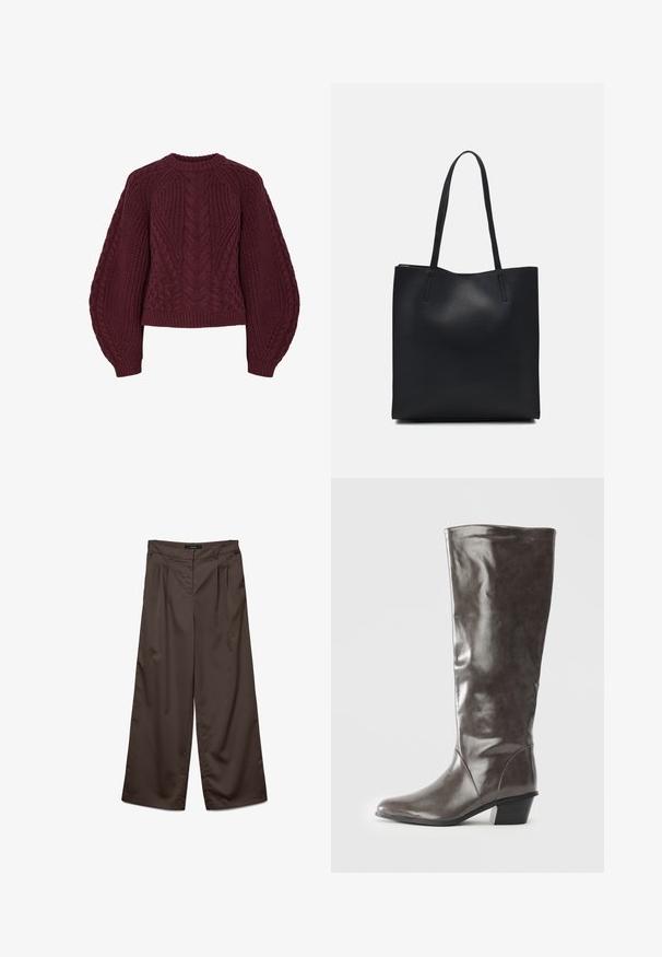 Burgundi neulottu villapaita, jossa on teksturoituja kaapeli kuvioita, pyöreä kaula-aukko ja puffimaisten hihojen muotoilu. Ribbaus hihansuissa ja helmoissa korostaa muotoilua.; Laaja lahkeiden housut tummanruskeasta kankaasta, jossa on sileä pinta. Ominaisuuksiin kuuluu laskokset edessä ja tavallinen vyötärö.; Korkeat naisten tummanharmaat nahkasaappaat, joissa on keskipitkä korko ja pyöreä kärki, esitetty sivusta valkoista taustaa vasten.; Mustapahkainen kangaskassi, jossa on sileä pinta, suorakaiteen muotoinen ja kaksi pitkää kahvaa. Ei näkyvää metalliosaa tai koristeita.
