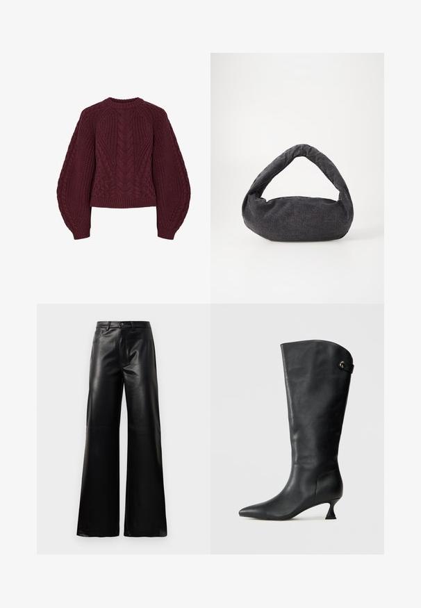 Burgundijas adīts džempers ar teksturētām kabelīšu rakstām, apaļu kaklu un pūkām piedurknēm. Ribotas aproces un apakša izceļ dizainu.; Melnas augstās jostas platajās kājās sintētiskās ādas bikses ar priekšējo pogu, rāvējslēdzēju, jostas cilpām un sānu kabatām uz baltā fona.; Melnas ādas augstas zābakus līdz ceļiem ar smailu purngalu, šauru papēdi un siksniņu akcentu tuvumā augšējai daļai. Gluda tekstūra un minimālistisks dizains.; Tumši pelēkas auduma soma ar izliekto rokturi, mīksta tekstūra un noapaļota forma. Nav redzamu metāla detaļu vai rotājumu.