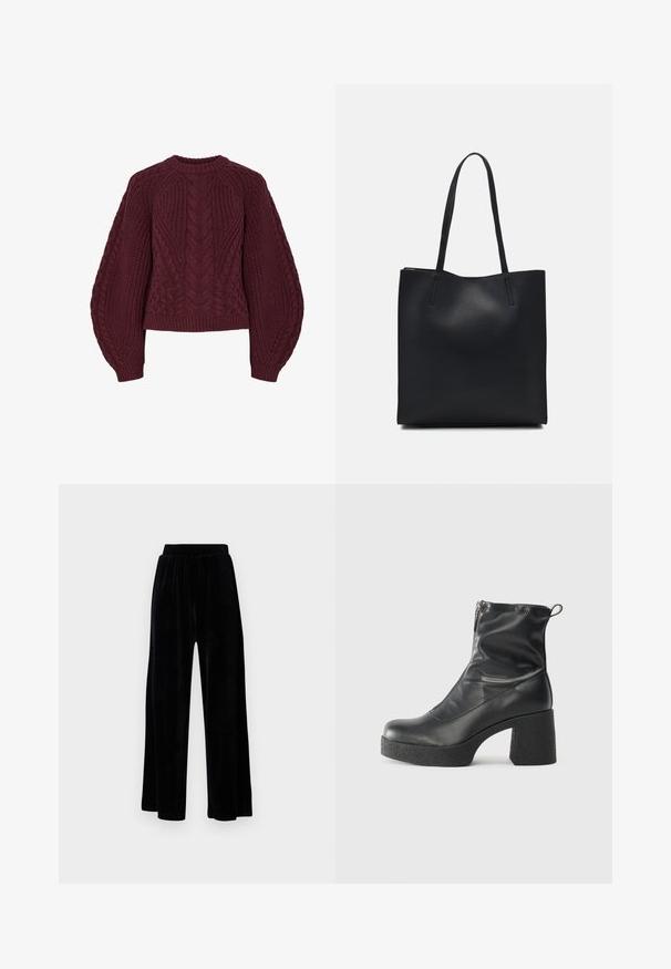 Burgunderfarbener Strickpullover mit strukturierten Zopfmustern, Rundhalsausschnitt und Puffärmeln. Gerippte Bündchen und Saum betonen das Design.; Schwarze weit geschnittene Hose aus weichem Samt, mit einem elastischen Bund und einer glatten Textur, ohne sichtbare Details oder Muster.; Schwarze Stiefeletten aus glattem Leder mit seitlichem Reißverschluss, klobigem strukturiertem Absatz und runder Zehenform.; Schwarze Laptoptasche aus Leder mit glatter Textur, rechteckiger Form und zwei langen Griffen. Keine sichtbaren Beschläge oder Verzierungen.
