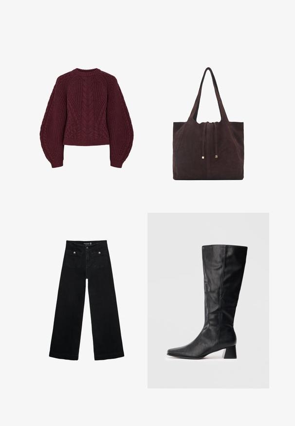 Bordový pletený svetr s texturovanými kabelkovými vzory, kulatým výstřihem a nabíranými rukávy. Žebrované manžety a lem zvýrazňují design.; Černé široké džíny s vysokým pasem, obsahující dvě přední kapsy a kovové knoflíkové detaily. Látka má hladkou texturu.; Černá kožená botka do poloviny lýtek s špičatou špičkou a blokovým podpatkem na jednoduchém světlém pozadí.; Mango Velká kabelka - dark brown