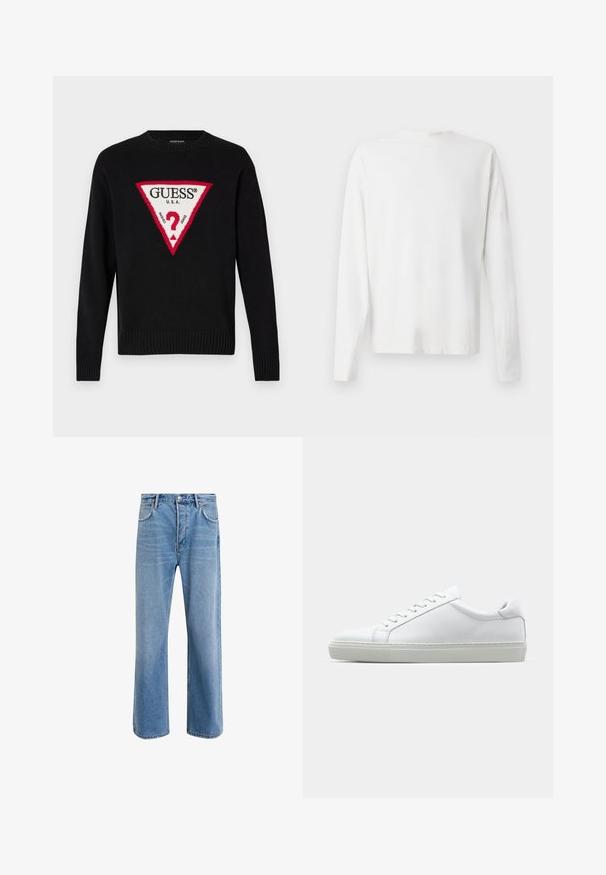 Pulover negru tricotat cu un mare triunghi roșu și text alb care spune "GUESS® U.S.A." și un motiv central cu semnul întrebării. Mansete și tiv cu țesătură în relief.; Cămașă albă din bumbac cu mâneci lungi, decolteu rotund, fante pe laterale la baza, cu o textură netedă, expusă din spate.; Jeans din denim bleu deschis cu un design drept, cinci buzunare, închidere cu buton, decolorare minimă și detalii de cusătură în contrast.; Adidași albi cu o suprafață din piele netedă și un profil jos. Au un vârf rotunjit, șase orificii pentru șireturi și o talpă din cauciuc texturată.