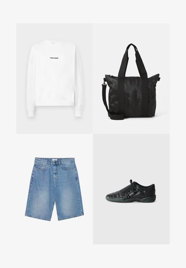 Hvit sweatshirt med rund hals og lange ermer. Framsiden har en svart "PEGADOR" logo i sentrum. Myk stoffkvalitet.; Lys blå denimshorts med rett snitt, fem lommer, og kontrastsøm. Har knapp- og glidelås-lukking.; Svarte lær idrettssko med en quiltert design, rund tå, snøring foran og gummisåle. Har diskret merkevare på siden.; Svart totebag med teksturert stoff, doble topphåndtak og en avtakbar skulderrem. Har glidelås for sikker oppbevaring.