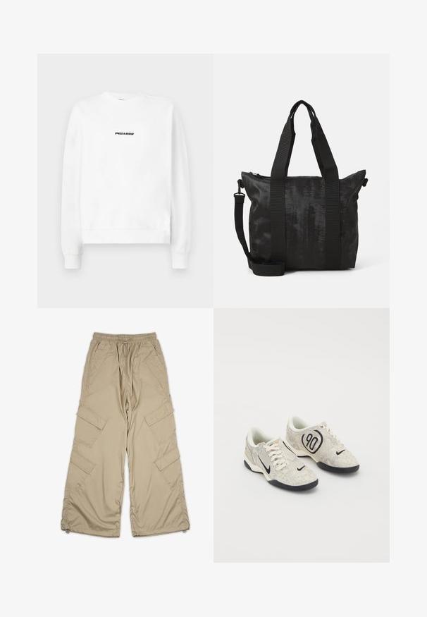 Sweatshirt branco com decote redondo e mangas compridas. A parte da frente exibe um logótipo preto "PEGADOR" ao centro. Textura de tecido macio.; Calças cargo bege com cintura ajustável, múltiplos bolsos laterais e um corte descontraído. Feitas de um tecido leve e suave com detalhes de costura.; Tênis Nike com um upper texturizado em bege e cinza, detalhes em preto, um grande logótipo "90" e um fecho de atacadores branco. Sola preta.; Bolsa tote preta com tecido texturizado, alças duplas na parte superior e uma alça de ombro destacável. Possui fecho com zipper para armazenamento seguro.