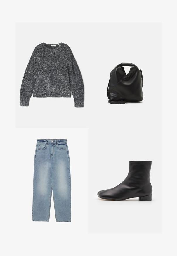 Glitzernder schwarzer Pullover mit lockerer Passform, runden Ausschnitt und langen Ärmeln. Hergestellt aus weichem Garn mit einer strukturierten, glänzenden Oberfläche.; Hellblaue Jeans aus Denim mit lockerer Passform, geradem Bein, fünf Taschen und Knopfverschluss am Bund. Glatte Textur.; MM6 Maison Margiela BOOT - Stiefelette - black; Schwarze, weiche Ledertasche mit einem einzigartigen verdrehten Design. Hat einen kurzen Griff und einen abnehmbaren Schultergurt. Minimalistischer Stil.