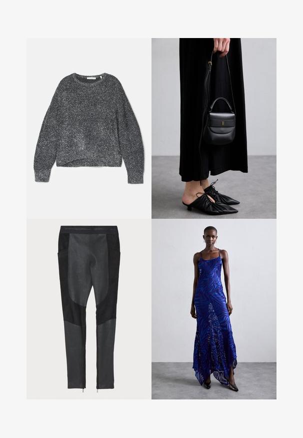 Glitrende sort sweater med en løs pasform, rund halsudskæring og lange ærmer. Lavet af blødt garn med en tekstureret, blank finish.; Sorte bukser med en blanding af ruskind og denim teksturer. Slim fit med sidelommer og ankel lynlåse. Glat overflade med tydelig panelering.; Blå og lilla dyreprint maxi kjole med tynde stropper, en tætsiddende bodice, flagrende kant og gennemsigtig overlay-detaljering.; Lille sort læder håndtaske med en rund form, topgreb og aftagelig rem. Bæres med sort stofkjole og sorte plisserede sko.