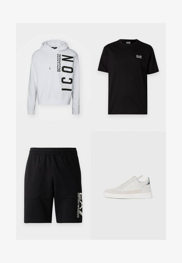 Bela kapuca iz mehkega blaga, z z vertikalnim logotipom v črni barvi, ki vsebuje besedilo "Dsquared2" in "ICON". Kapuca z vrvico in rebrasti manšeti.; Črna bombažna majica s kratkimi rokavi, okroglo izrezana in z manjšim belim logotipom EA7 na levi prsni strani. Gladka tekstura, običajen kroj.; EA7 Emporio Armani TRAIN VISIBILITY - Kratke hlače - black/cream; Beli usnjeni športni čeveljčki z sivo alkantaro, z vezalkami, z ježkom in teksturiranim gumijastim podplatom s cik-cak vzorcem.