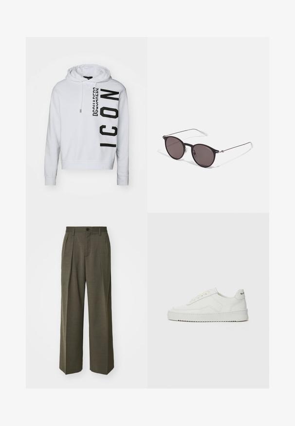 Witte hoodie van zachte stof, met een zwart verticale logo-print met de tekst "Dsquared2" en "ICON". Met trekkoord in de capuchon en geribbelde mouwen.; Zwarte katoenen T-shirt met een ronde halslijn, korte mouwen en het "EMPORIO ARMANI" logo in het wit boven "Milano" in een gebogen ontwerp.; Filippa K WIDE TROUSERS - Broek - driftwood; Witte leren sneaker met een gladde afwerking, ronde neus, platte veters en een gestructureerde zool. Kenmerkt zich door een subtiel logo op de hiel.; Zwarte ronde zonnebril met donkere lenzen en slanke metalen armen. Inclusief heldere tempelpunten en zilveren accenten bij de scharnier. Minimalistisch ontwerp.
