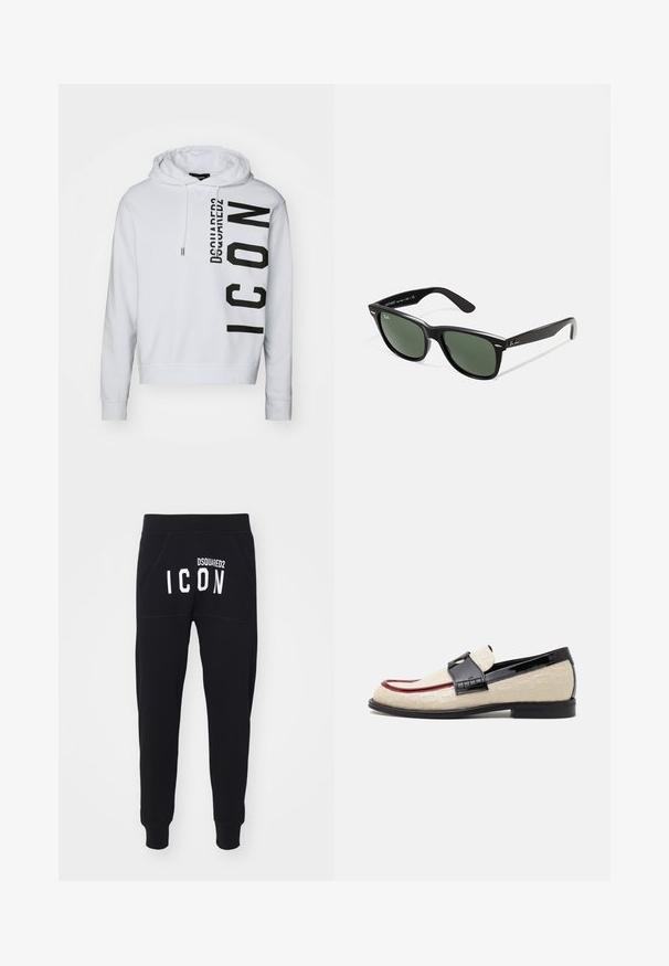 Witte hoodie van zachte stof, met een zwart verticale logo-print met de tekst "Dsquared2" en "ICON". Met trekkoord in de capuchon en geribbelde mouwen.; Zwarte sweats met een zachte textuur, toelopende pijpen en zakken. De achterkant toont "DSQUARED2 ICON" in dikke witte letters.; Beige loafers met een reliëfpatroon, rode accentstreep en glanzende zwarte hak. Heeft een band met gespdetail. Platte zwarte zool.; Zwarte plastic zonnebril met groene lenzen, vierkante montuur, zilveren accent op de wenkbrauw en een gestructureerde tempel. Merken vermeld op de binnenkant van de arm.