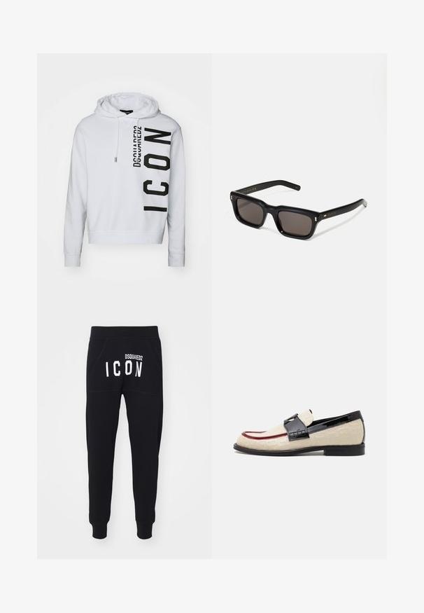 Witte hoodie van zachte stof, met een zwart verticale logo-print met de tekst "Dsquared2" en "ICON". Met trekkoord in de capuchon en geribbelde mouwen.; Zwarte sweats met een zachte textuur, toelopende pijpen en zakken. De achterkant toont "DSQUARED2 ICON" in dikke witte letters.; Beige loafers met een reliëfpatroon, rode accentstreep en glanzende zwarte hak. Heeft een band met gespdetail. Platte zwarte zool.; Zwarte rechthoekige zonnebril met donkere lenzen, een dik plastic montuur, gouden accenten op de veren en het merkembleem gegraveerd op de arm.
