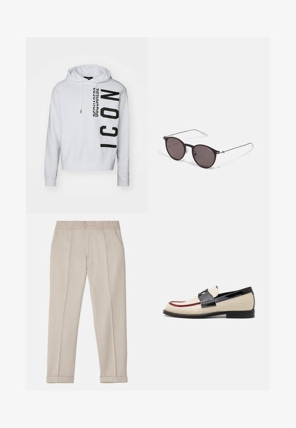 Weißer Hoodie aus weichem Stoff, mit einem schwarzen vertikalen Logo-Druck, der den Text "Dsquared2" und "ICON" zeigt. Mit Kordelzugkapuze und gerippten Bündchen.; Filippa K TERRY CROPPED TROUSERS - Stoffhose - sage melange; Beige Slipper mit geprägtem Muster, rotem Akzentstreifen und glänzendem schwarzen Absatz. Mit einem Riemen mit Schnallendetail. Flache schwarze Sohle.; Schwarze runde Sonnenbrille mit dunklen Gläsern und schlanken Metallbügeln. Enthält klare Tempelspitzen und silberne Akzente am Scharnier. Minimalistisches Design.