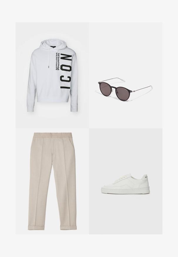 Hoodie blanc en tissu doux, arborant un imprimé vertical noir avec le texte "Dsquared2" et "ICON". Capuche avec cordon de serrage et poignets côtelés.; Filippa K TERRY CROPPED TROUSERS - Pantalon classique - sage melange; Baskets en cuir blanc avec une finition lisse, bout arrondi, lacets plats et semelle texturée. Présente un logo discret sur le talon.; Lunettes de soleil noires rondes avec verres sombres et branches en métal fines. Comprend des embouts transparents et des accents argentés au niveau de la charnière. Design minimaliste.
