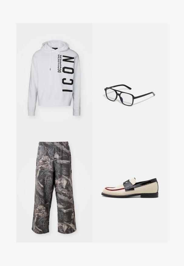 Balta džemperis su švelnia medžiaga, turintis juodą vertikalų logotipą su "Dsquared2" ir "ICON" tekstu. Su raišteliu reguliuojama kapulė ir raukšlėtos rankogaliai.; Kamikadze rašto plačios kelnės su nuosaikia pilka ir ruda spalvų schemomis, elastinga juosmens juosta ir laisva forma, kad būtų pagerintas komfortas ir judrumas.; Bežiniai loaf'eriai su išlenktu raštu, raudona akcento juosta ir blizgiu juodu kulnu. Su dirželio ir sagties detale. Plokščias juodas padas.; Juodo stačiakampio formos akinius su skaidriais lęšiais ir subtiliu purpuriniu tonu, turinčius elegantiškas rankenas ir minimalistinį dizainą.