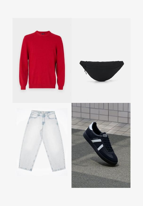 Rode trui van zachte gebreide stof, met een ronde hals, lange mouwen en ribgebreide boorden en zoom. Eenvoudig ontwerp zonder extra patronen.; Lichtblauwe spijkerbroek met een losse, baggy pasvorm. Heeft vijf zakken, knoopsluiting en gestikte details. Verbleekt textuur en rechte pijpen.; Zwarte leren sneaker met witte strepen, een gestructureerde rubberen zool en vetersluiting aan de voorkant. Voorzien van een merklabel op de tong.; Zwarte stof heuptas met een afgeronde vorm, voorzak met rits en een gladde textuur. Geen zichtbare patronen of accenten. Lichtgewicht ontwerp.