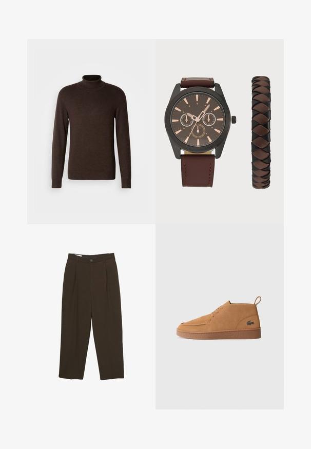 Brązowy sweter typu golf, wykonany z miękkiego materiału, z długimi rękawami i prążkowanym kołnierzem. Gładka tekstura i dopasowany krój.; Ciemnobrązowe dopasowane spodnie z przodu z zakładkami, szlufkami na pasek i zapięciem na guzik w talii.; Brązowe zamszowe buty na sznurówki sięgające kostki z gumową podeszwą i pętelką, z charakterystycznym logo krokodyla z boku.; Pier One - Zegarek