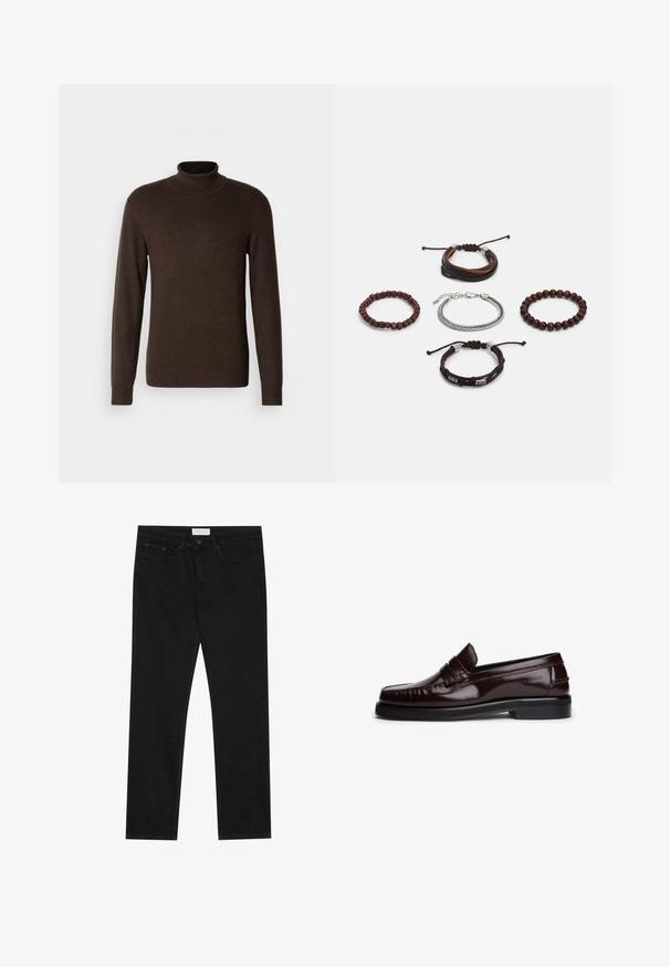 Pulover ecologist de culoare maro, fabricat dintr-un material moale, cu mâneci lungi și guler ribetat. Textură netedă cu un design ajustat.; Jeans negri cu croială drept, cu cinci buzunare, închidere cu nasture și fermoar, și etichetă de marcă Pier One pe talie.; Mocasini maro din piele cu finisaj lucios, având cusături decorative, o chingiă peste vamp și o talpă plată din cauciuc.; Set de cinci brățări cu piele maro, mărgele din lemn și un lanț argintiu; texturi și forme variate, cu închideri ajustabile.