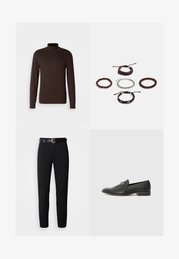 Barna garbó pulóver puha anyagból, hosszú ujjal és bordázott gallérral. Sima tapintású, testhezálló fazon.; Fekete, egyenes szabású nadrág sima textúrával, fekete bőr öv ezüst csattal. Egyszerű dizájn, minta vagy díszítés nélkül.; Fekete bőr loaferek sima felülettel, varrott mintával és díszítő fém lánccal a cipő elején. Lapos sarok.; Öt darabból álló karkötőszett, barna bőrből, fa gyöngyökkel és ezüst lánccal; különböző textúrákkal és formákkal, állítható zárással.