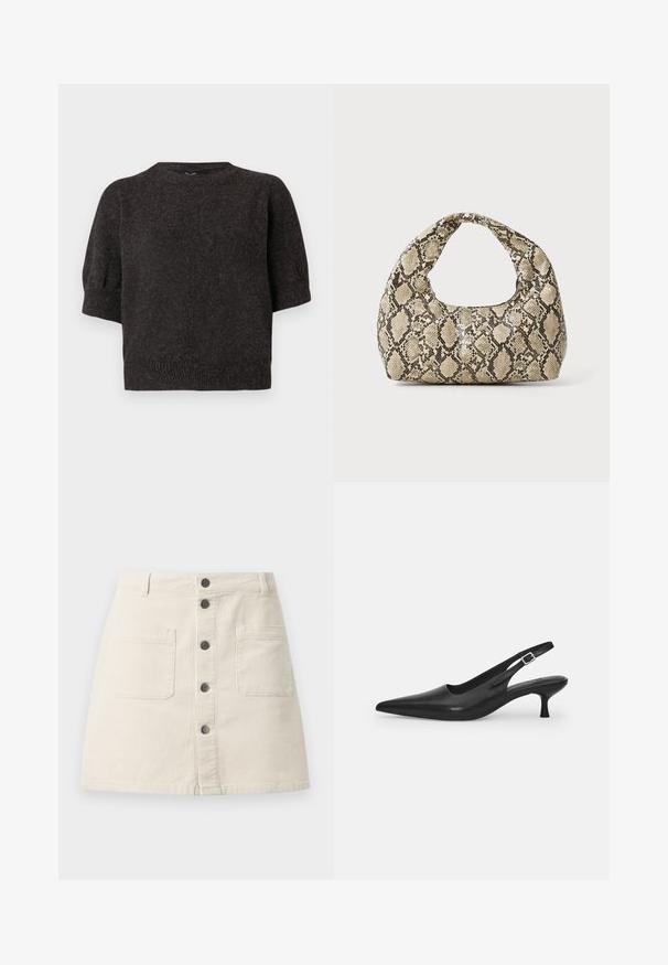 Mørkegrå, kortermet genser med strikket tekstur, ribbestrikket hem, rund halsringning og lett puffede ermer, laget av et mykt og koselig stoff.; Beige kordfløyels mini skjørt med knappelukking foran, to store påsydde lommer og beltestropper i midjen.; Svart lær slingback sko med spiss tå og smal, buet hæl. Har en diskret justerbar rem med en metallspenne.; Veske med slangeskinnmønster og krummet håndtak. Laget av teksturerte, beige og brune materialer, med et særegent diamantmønster.