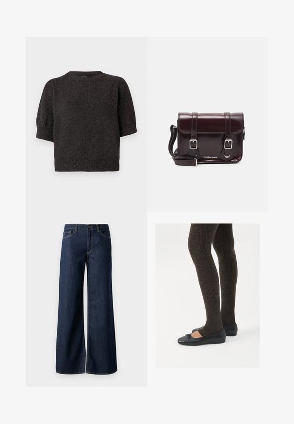 Tumši pelēks īsām piedurknēm svīteris, austa tekstūra, ribota apakša, apaļa kakla atvere un nedaudz pūkainas piedurknes, ar mīkstu, siltu audumu.; Platas kājas džinsi tumši zilā denima krāsā. Iespējas ir kontrastējošās vīles, piecas kabatas un pogu aizdare jostasvietā. Gluda tekstūra.; Melnas plakano formas kurpes ar mazu loku uz pirksta, apvienotas ar tumši brūnām ribotām zeķubiksēm. Kurpēm ir gluda tekstūra un zems profils.; Burgundijas lakotas ādas crossbody soma ar taisnstūrveida formu, divām siksnām, sudraba krāsas aksesuāriem un vāku ar aizdari.