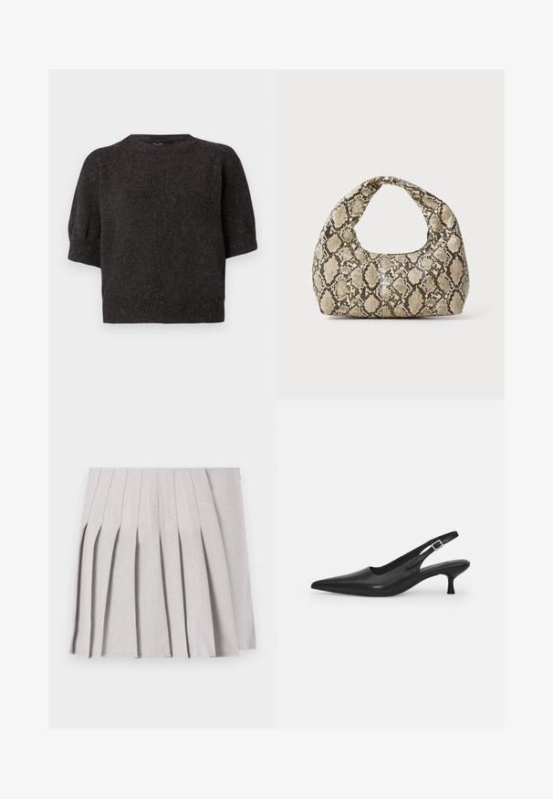Pulover scurt cu mânecă scurtă, de culoare gri închis, cu textură tricotată, tiv ondulat, decolteu rotund și mâneci ușor bufante, având un material moale și confortabil.; Fustă plisată gri, cu o textură netedă, având multiple plii verticale și o talie ajustată. Fabricată din material ușor.; Sandal din piele neagră, cu vârf ascuțit și toc subțire, curbat. Are o curea ajustabilă discretă, cu o cataramă din metal.; Geantă cu imprimeu de șarpe, având un mâner curbat. Fabricată din materiale texturate, bej și maronii, cu un model distinctiv în formă de diamant.