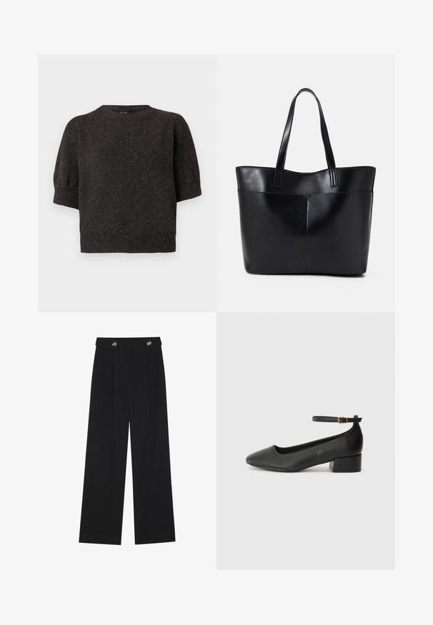Temno siva kratka majica s kratkimi rokavi, pletena tekstura, rebrast rob, okrogla izreza in rahlo napihnjeni rokavi, iz mehkega in udobnega materiala.; Črne široke hlače s visokim pasom, gumbnimi detajli na pasu in sprednjimi gubami.; Črne usnjene pumpice z nazobčanimi prsti in nizko blokasto peto. Imajo trak okoli gležnja z zaponko v zlatem tonu. Gladka tekstura.; Črna usnjena torba z dvema dolgima ročajema, gladko teksturo in strukturirano obliko. Ima sprednji žep za dodatno shranjevanje.
