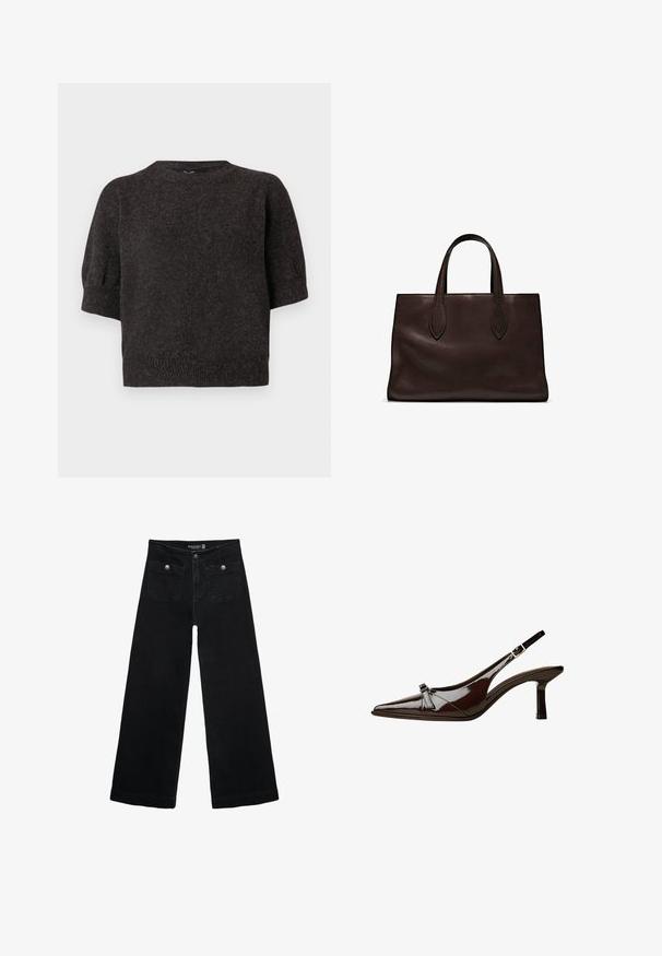 Tmavě šedý svetr s krátkým rukávem, pletená textura, žebrovaný lem, kulatý výstřih a mírně nabírané rukávy, vyrobený z měkké a pohodlné látky.; Černé široké džíny s vysokým pasem, obsahující dvě přední kapsy a kovové knoflíkové detaily. Látka má hladkou texturu.; Hnědé lakované sandály s špičatou špičkou, nízkým podpatkem a dekorativní mašlí na přední části. Hladký, lesklý povrch.; Hnědá kožená taška přes rameno s dvěma dlouhými uchy, strukturální obdélníkový tvar, hladká textura a jemné švy.