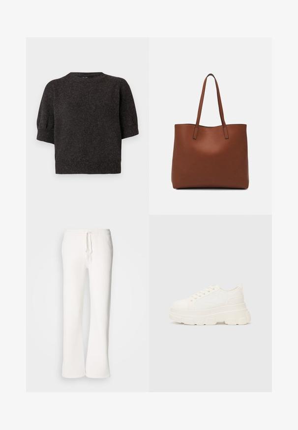Sweater de manga curta cinza-escuro, textura tricotada, bainha canelada, decote redondo e mangas ligeiramente bufantes, com um tecido suave e aconchegante.; Calças de fato brancas, de corte descontraído, feitas de um tecido macio, com um cós elástico e um cordão de ajuste, apresentando um design de pernas retas.; Sapatilhas brancas em lona com sola espessa, biqueira arredondada e cinco ilhós para atacadores. Laço traseiro para calçar facilmente. Textura suave, design minimalista.; Bolsa tote de couro castanho com uma textura suave, design de abertura superior e duas alças para o ombro. Apresenta costura mínima e sem hardware visível.