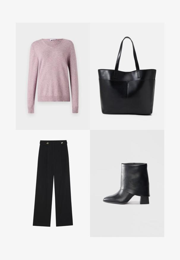 VILA VIRIL L/S V-NECK TOP - Camisola - toadstool; Calças largas pretas com cintura alta, detalhes em botão na cintura e pregas frontais.; Bota de tornozelo em couro preto com bico afilado, textura suave e um salto bloco estruturado. Apresenta um design de cano alto e dobrado.; Bolsa tote preta em couro com duas alças longas, textura suave e forma estruturada. Apresenta um bolso frontal para armazenamento adicional.