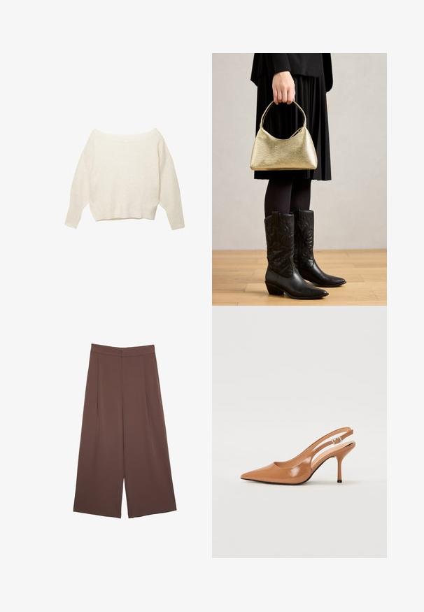 Kremowy sweter bez ramiączek z prążkowanym dołem oraz długimi, szerokimi rękawami. Miękka faktura, luźny krój. Prosty, minimalistyczny design.; Brązowe spodnie o szerokich nogawkach z gładką fakturą, z wysokim stanem i plisami z przodu. Materiał jest lekki i luźno opada.; Sandały na obcasie z kwadratowym noskiem, wykonane z gładkiego, błyszczącego materiału w kolorze brązowym. Charakteryzują się zaokrąglonym wycięciem i smukłym obcasem typu stiletto. Detal w postaci srebrnej klamry.; Złota torebka o teksturowanej powierzchni, o zaokrąglonym kształcie i krótkim uchwycie, trzymana przez osobę ubraną w czarną plisowaną spódnicę i czarne skórzane kowbojki.