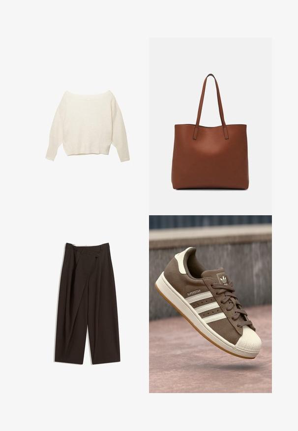 Kremne barve pulover z odprtimi rameni, z rebrastim robom in dolgimi, širokimi rokavi. Mehka tekstura, sproščen kroj. Preprost, minimalističen dizajn.; Temno rjave široke hlače z visokim pasom, ki imajo en gumb za zapiranje in zamaščen sprednji del. Narejene so iz lahkega blaga.; Svetlo rjave semiš teniske z belimi črtami, kremnimi dodatki in gumijastim zaščitnim toe-delom. Imajo vezanje in teksturiran gumijast podplat.; Rjava usnjena torba z gladko teksturo, odprto zasnovo zgoraj in dvema naramnima trakovoma. Opremljena je z minimalnim šivanjem in brez vidnih kovinskih delov.