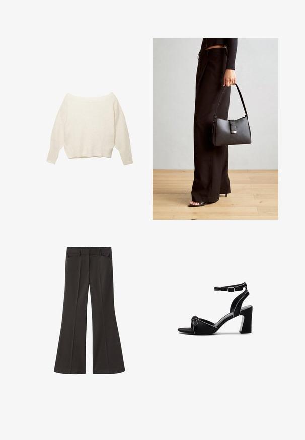 Pulover crem, cu umerii goi, cu tiv cu nervuri și mâneci lungi, largi. Textură moale, croială relaxată. Design simplu, minimalist.; Pantaloni evazați negri, cu talie înaltă; au două buzunare frontale și o textură de stofă netedă. Potriviți pentru diverse ocazii.; Sandale cu toc din suede negru, cu toc bloc larg, curea ajustabilă pentru glezne, design cu vârf deschis și detalii cusute în contrast.; Genți negre cu o formă structurată, textură netedă și un închizător metalic. Asortată cu pantaloni negri largi și sandale cu vârf deschis pe un podea din lemn.